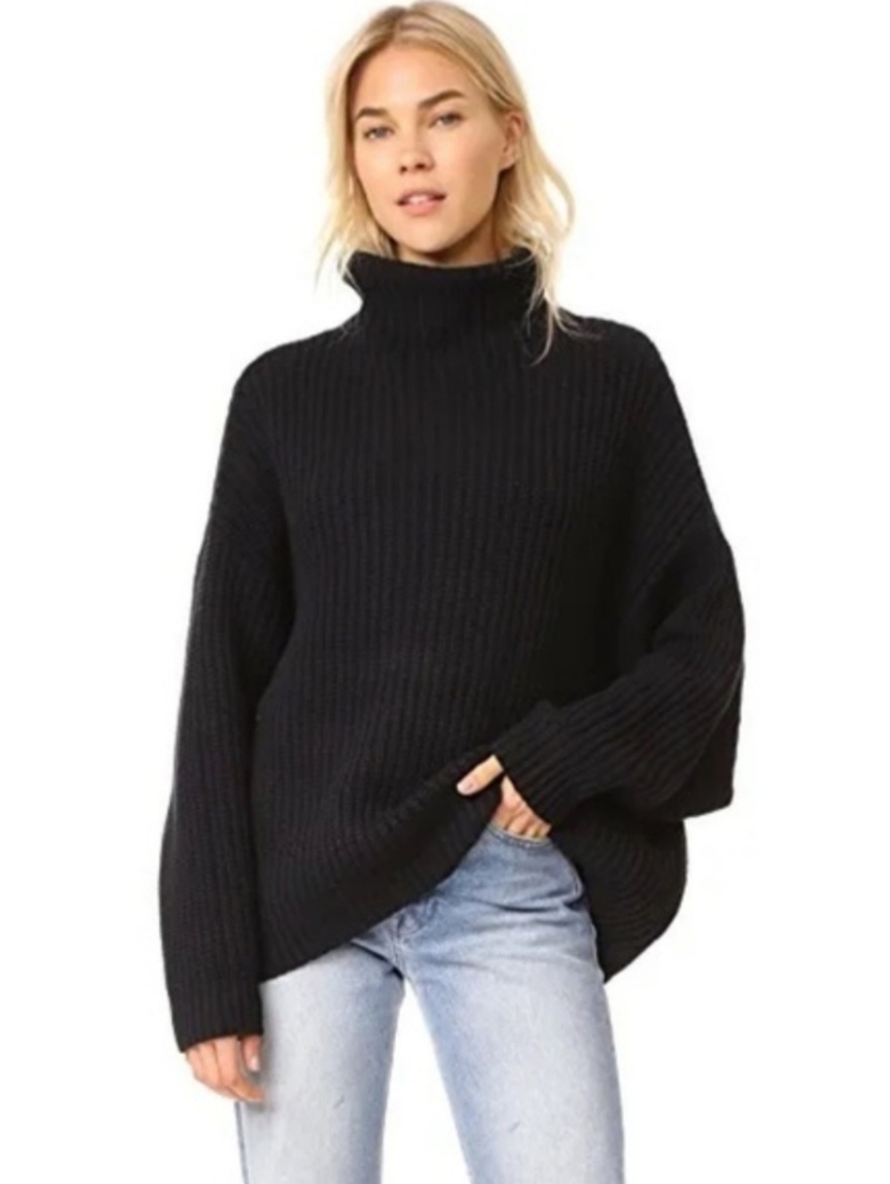 FREE PEOPLE Swim Too Deep Black Oversized Chunky Knit Turtleneck Sweater NWOT S‎